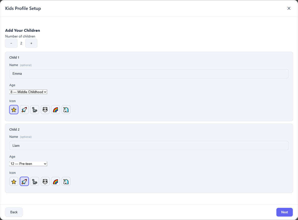 Valence kids profile setup in the light theme