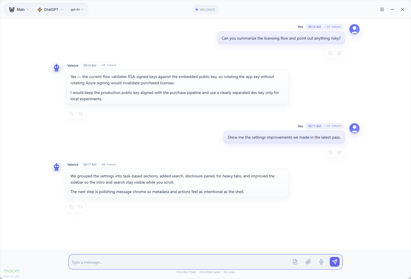 Valence chat workspace in the light theme