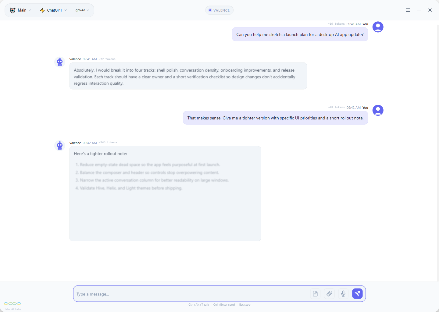 Valence conversation workspace in the light theme