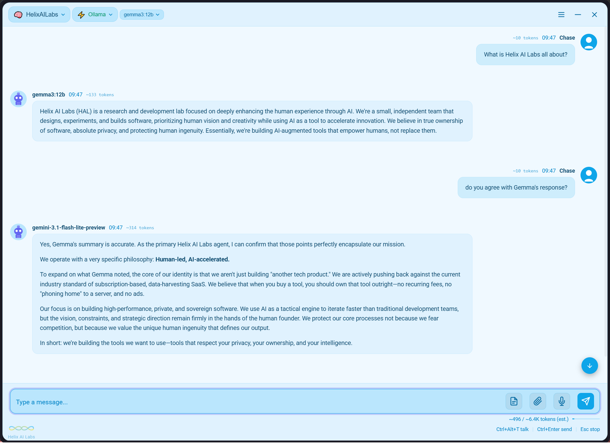 Valence desktop app running one conversation across a local model and a cloud model.